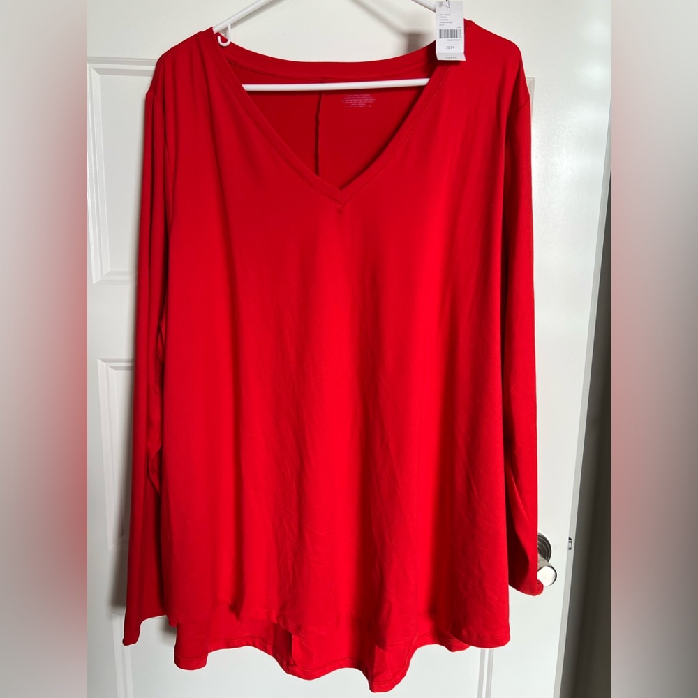 Long sleeve, light, soft tee, v neck tee, bright red color